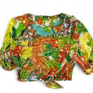 Cha Cha Vente Blouse 70s orange and green paisley tie front, women’s Large